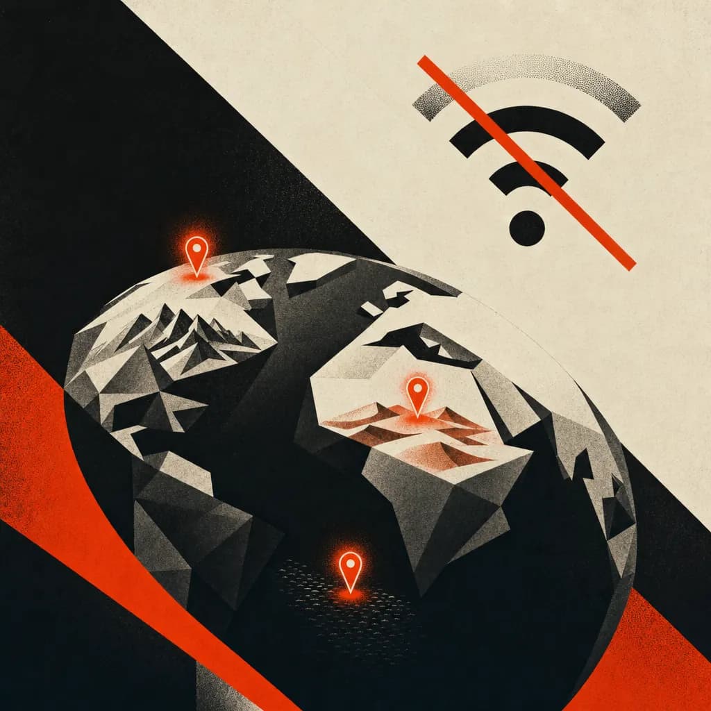 A faceted globe with off-grid regions still pinned, network signal crossed out