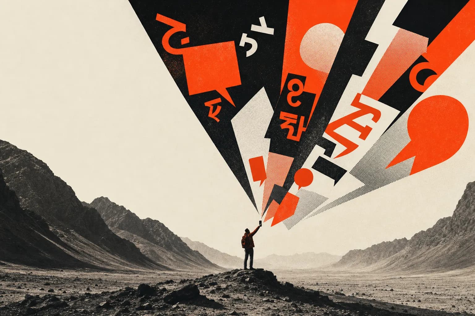 A traveler in a signal-dead valley, their phone fanning spoken words into translated glyphs
