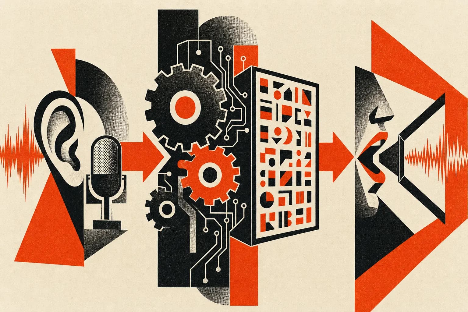 Constructivist diagram: ear and microphone, transforming gears, mouth and speaker